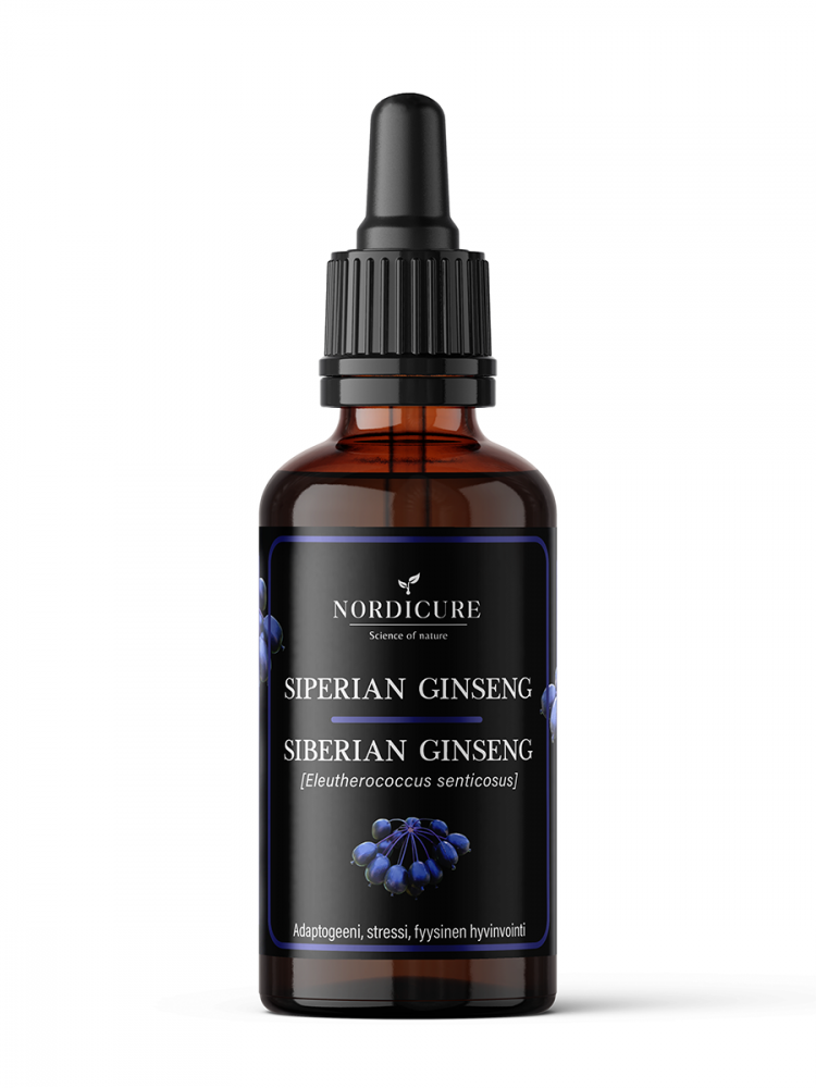 NordiCure Siberian Ginseng 1:3, ruskea lasinen tippapullo sinisin korostuksin, teksti kuvaa adaptogeenisiä ominaisuuksia stressinsietokyvyn ja fyysisen hyvinvoinnin tueksi (Eleutherococcus senticosus); etiketti groteskifontilla valkoisin ja tummansinisin sävyin; pullossa musta tippakorkki, pinta kiiltävä; tausta yksinkertainen valkoinen, tuote keskitettynä, ei ihmisiä eikä rekvisiittaa näkyvissä.