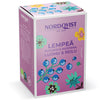 Nordqvist Lempeä Luomu Rooibos & Mustikka; suorakulmainen pahvirasia Nordqvist Lempeä -rooibos- ja mustikkateelle mattaviolettina painetuin mustikka- ja kukkakuvituksin; etupuolella tuotenimi lihavoidulla valkoisella groteskitekstillä; ei ihmisiä tai käsiä; tuote kuvattu pelkistetyssä asetelmassa; violettitaustainen pakkaus yhdistää rooibosin ja mustikan leppoisan maun.