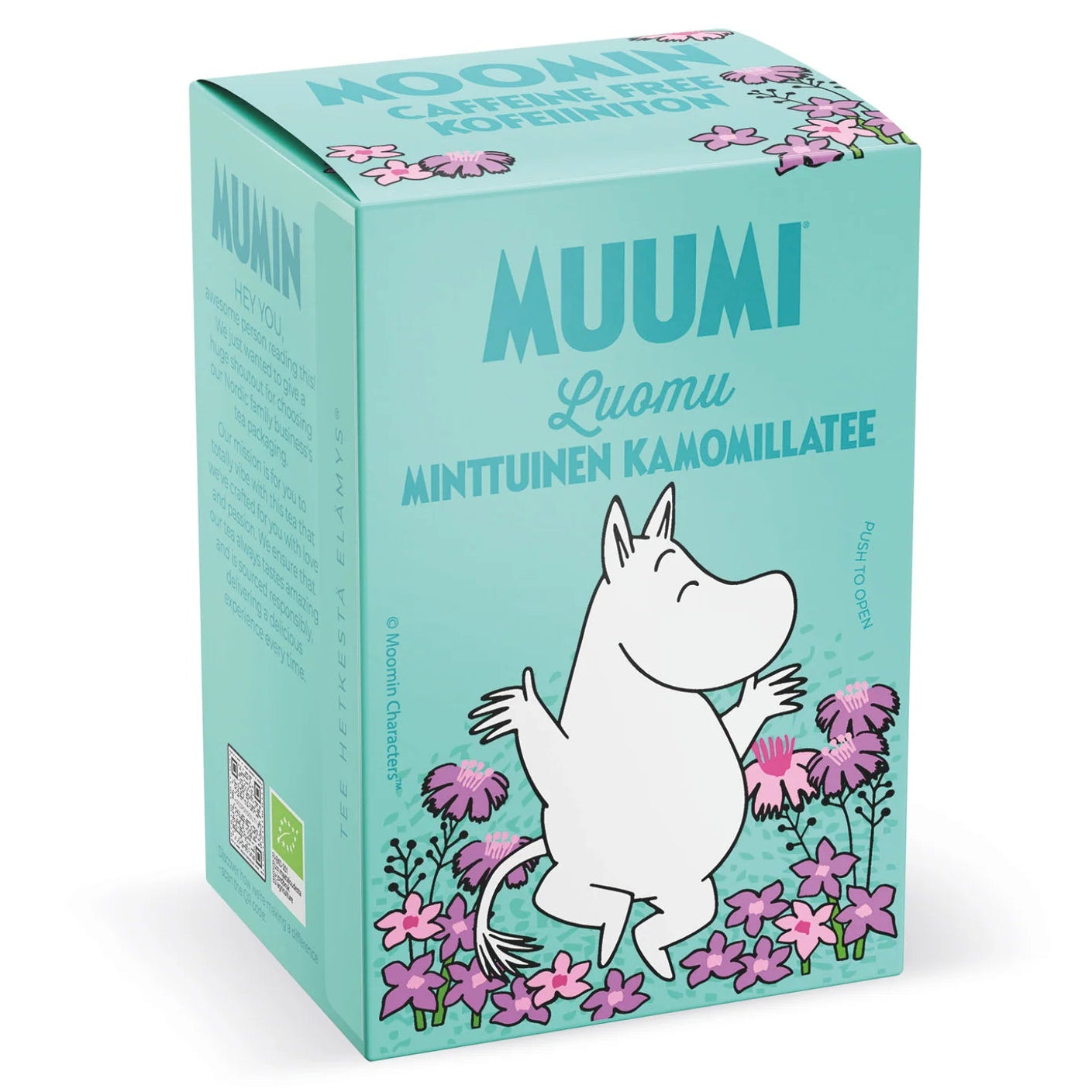Muumi Luomu Minttuinen Kamomillatee: turkoosi suorakulmainen rasia mattapinnalla, Muumin luomu minttu-kamomillatee; etuosan keskellä valkoinen Muumi-hahmo pinkkien ja violettien kukkakuvitusten keskellä, koristeelliset kukka-aiheet kehystävät suomenkielistä tekstiä grotesk- ja käsialakirjasimin; ei ihmisiä tai käsiä näkyvissä; neutraali tausta, pelkkä tuotekuva.