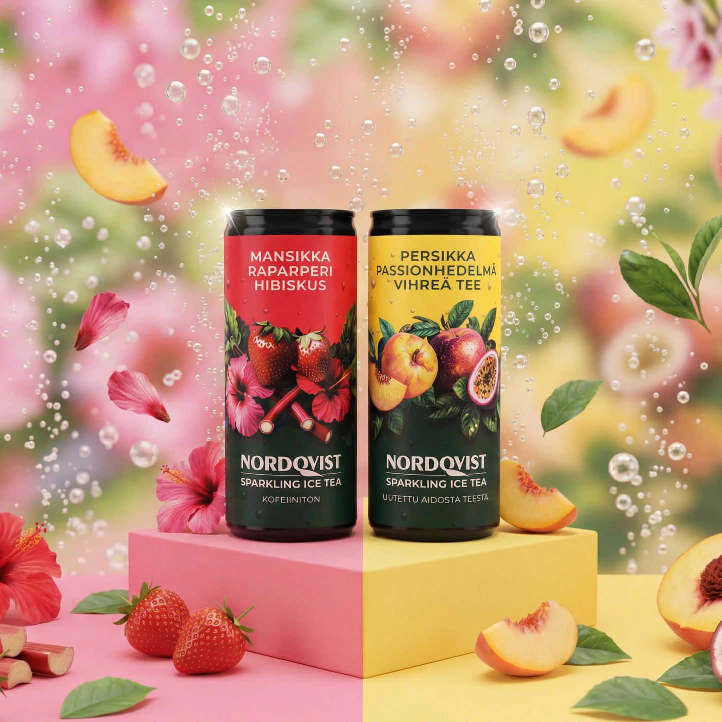 Nordqvist Sparkling Ice Tea Mansikka-Raparperi-Hibiskus: kaksi värikästä tölkkiä seisoo keltaisten ja pinkkien palikoiden päällä hedelmien ja kukanterälehtien ympäröimänä; mukana mansikoita, persikoita, teelehtiä ja kimalteleva kuplailmiö; tausta on eloisa ja epätarkka.
