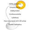 North Ray HALO Pöytävalo; valkoinen ja oranssi muovinen pöytävalaisin mattapinnalla, pyöristetyt reunat ja säädettävä varsi; ei pakkausta tai muuta rekvisiittaa näkyvissä; valaisin kuvattu vaalealla taustalla studiotyylisessä tuotekuvassa; mustaa suomenkielistä tekstiä siistillä groteskikirjasimella listaa lyhyesti teknisiä ominaisuuksia, kuten sinisen valon puuttumisen, unta tukevan muotoilun, välkkymättömyyden, kolme kirkkaustasoa ja ladattavan akun pitkän kestoajan.