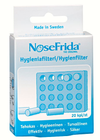 NoseFrida The Original -hygieniafiltterit 20 kpl -pakkaus, kuvassa valkoisia lieriömäisiä filttereitä.