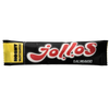 Nosht Jollos Vauhtikarkki Salmiakki; musta karkkikääre lihavoidulla punaisella ja valkoisella tekstillä "Jollos", teksti "Salmiakki" valkoisena, keltainen osio suomenkielisin tekstein vasemmalla puolella; kiiltäväpintainen, terävät suorakulmaiset päät ja suuria groteskikirjasimia; valkoinen tausta, kuvattu ylhäältä, ei ihmisiä tai käsiä.