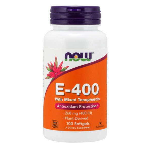 A white plastic bottle with a matte finish, cylindrical in shape. The label is orange and purple, includes a flower graphic, and uses bold sans-serif typography for the product name. Some smaller text is also present in white and orange. No people or hands are visible. The background is plain and neutral. A white bottle labeled NOW E-400 With Mixed Tocopherols, featuring antioxidant protection and containing 100 softgels. The label is orange and purple with a flower graphic, along with product details in
