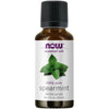A brown glass bottle with a glossy finish is shown, featuring a rectangular white label. The label includes the NOW essential oils logo in purple block letters, an image of green spearmint leaves, and clear black and green printed text: 100% pure spearmint, Mentha spicata, Net 1 fl. oz. (30 mL). The bottle stands upright on a plain white background with no people or props visible.