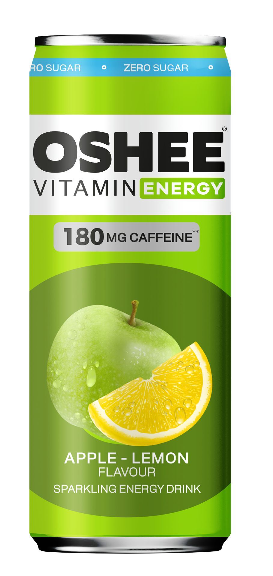 OSHEE Energy Drink Apple & Lemon Zero; vihreä OSHEE Vitamin Energy Apple-Lemon -kuohuva energiajuomatölkki, sylinterin muotoinen kiiltopinnalla; etiketissä kuva vihreästä omenasta ja sitruunaviipaleesta; tuotenimi lihavoidulla groteskikirjasimella; luettavissa ”180 mg caffeine” ja ”zero sugar”; ei ihmisiä tai käsiä; neutraali tausta, tuote pystyssä keskitettynä kuvaan.