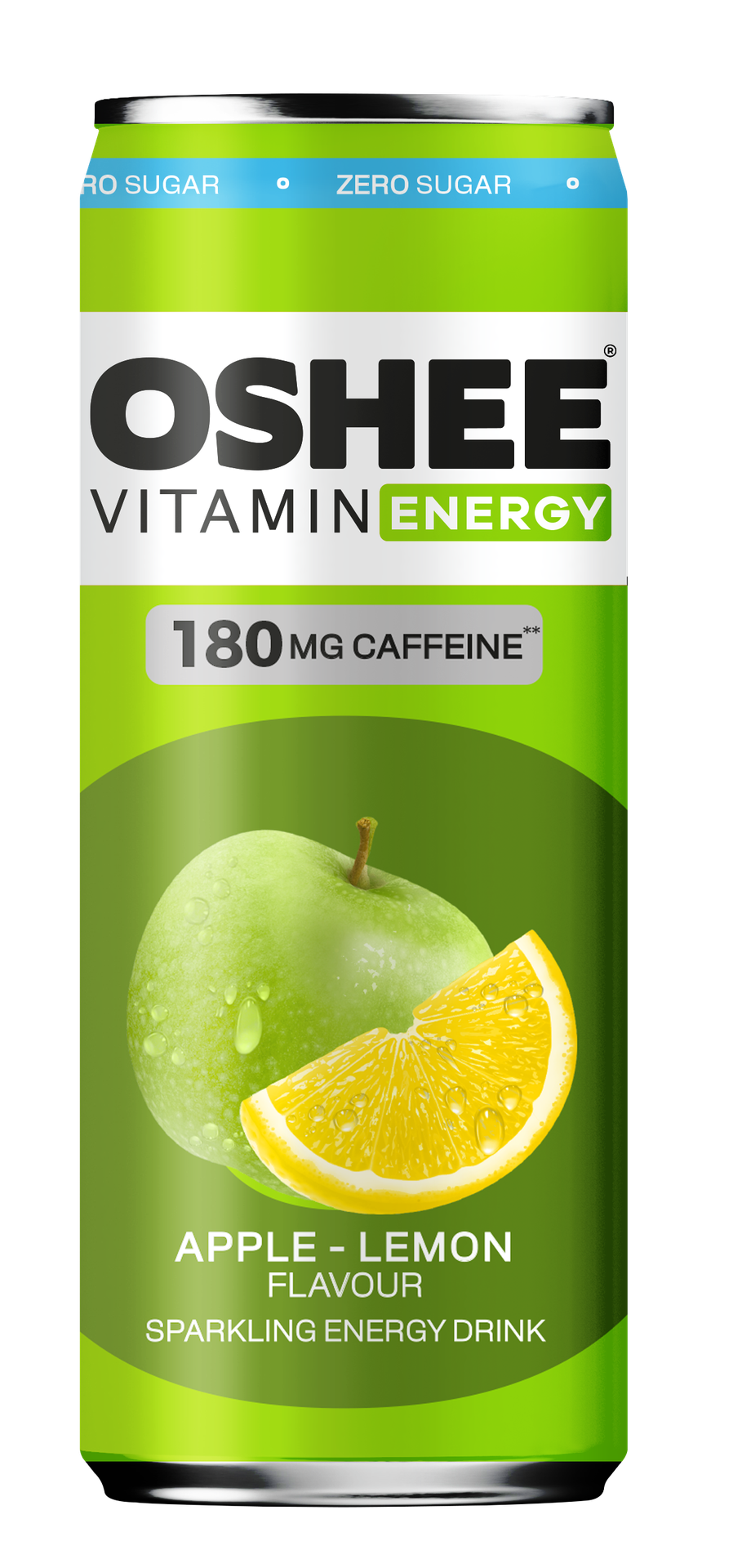 OSHEE Energy Drink Apple & Lemon Zero; vihreä OSHEE Vitamin Energy Apple-Lemon -kuohuva energiajuomatölkki, sylinterin muotoinen kiiltopinnalla; etiketissä kuva vihreästä omenasta ja sitruunaviipaleesta; tuotenimi lihavoidulla groteskikirjasimella; luettavissa ”180 mg caffeine” ja ”zero sugar”; ei ihmisiä tai käsiä; neutraali tausta, tuote pystyssä keskitettynä kuvaan.