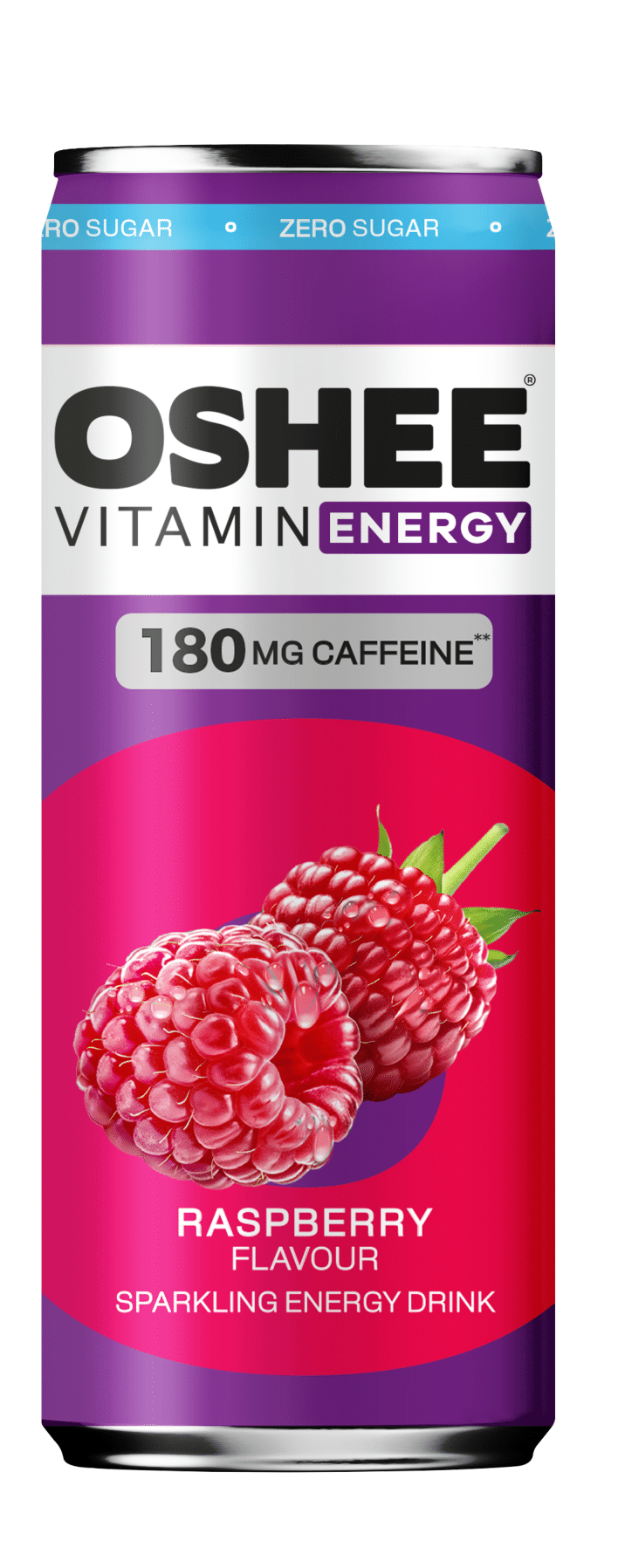 OSHEE Energy Drink Raspberry Zero; tölkki OSHEE Vitamin Energy -vadelmamakuista kuohuvaa energiajuomaa, merkitty sokerittomaksi ja 180 mg kofeiinia sisältäväksi, etupuolella kaksi eloisaa vadelmaa violettia ja vaaleanpunaista taustaa vasten; tölkki korkea, sylinterin muotoinen ja metallinen kiiltopinnalla; etiketti valkoisin ja vaaleanpunaisin groteskitekstein; ei ihmisiä tai käsiä; suoraviivainen tuotekuva ilman muuta ympäristöä kuin taustan värit.