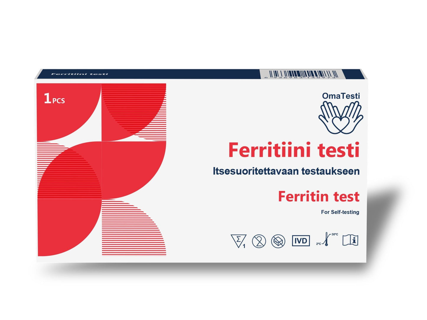 OmaTesti Ferritiinitesti, testipakkaus punaisin ja valkoisin geometrisin kuvioin, tekstiä suomeksi ja englanniksi, kuvakkeita omatestaukseen, CE-merkintä ja viivakoodi; suorakulmainen pakkaus mattapintaista pahvia groteskitypografialla; ei ihmisiä eikä käsiä näkyvissä; tausta valkoinen, kuva otettu suoraan edestä; testisarja tarjoaa kätevän tavan seurata ferritiinitasoja kotona.