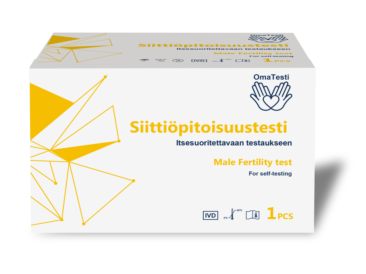 OmaTesti Siittiöpitoisuustesti, valkoinen suorakulmainen mattapintainen pakkaus tekstillä "Siittiöpitoisuustesti" ja "Male Fertility Test for self-testing" lihavoidulla groteskifontilla, etusivulla keltaisia geometrisia kuvioita ja useita pieniä tuotekuvakkeita; OmaTesti-logo näkyvissä; tausta valkoinen, ei ihmisiä eikä käsiä näkyvissä; pakkaus tukee miesten hedelmällisyyden testausta.