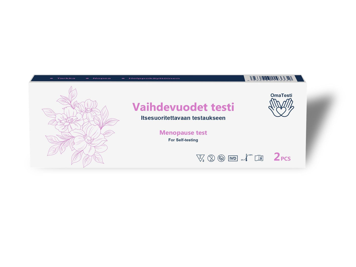 Valkoinen suorakulmainen pahvilaatikko mattapinnalla, merkitty Vaihdevuodet testi, jossa on violettia pääteviivatonta tekstiä, yksiviivainen violetti kukkakuvitus ja pieniä kuvakkeita pakkauksen sisällöstä. Näkyvässä etiketissä mainitaan 2 kotitestauspakkausta kotikäyttöön. Ihmisiä tai käsiä ei näy; kuva on otettu yksivärisellä taustalla.
