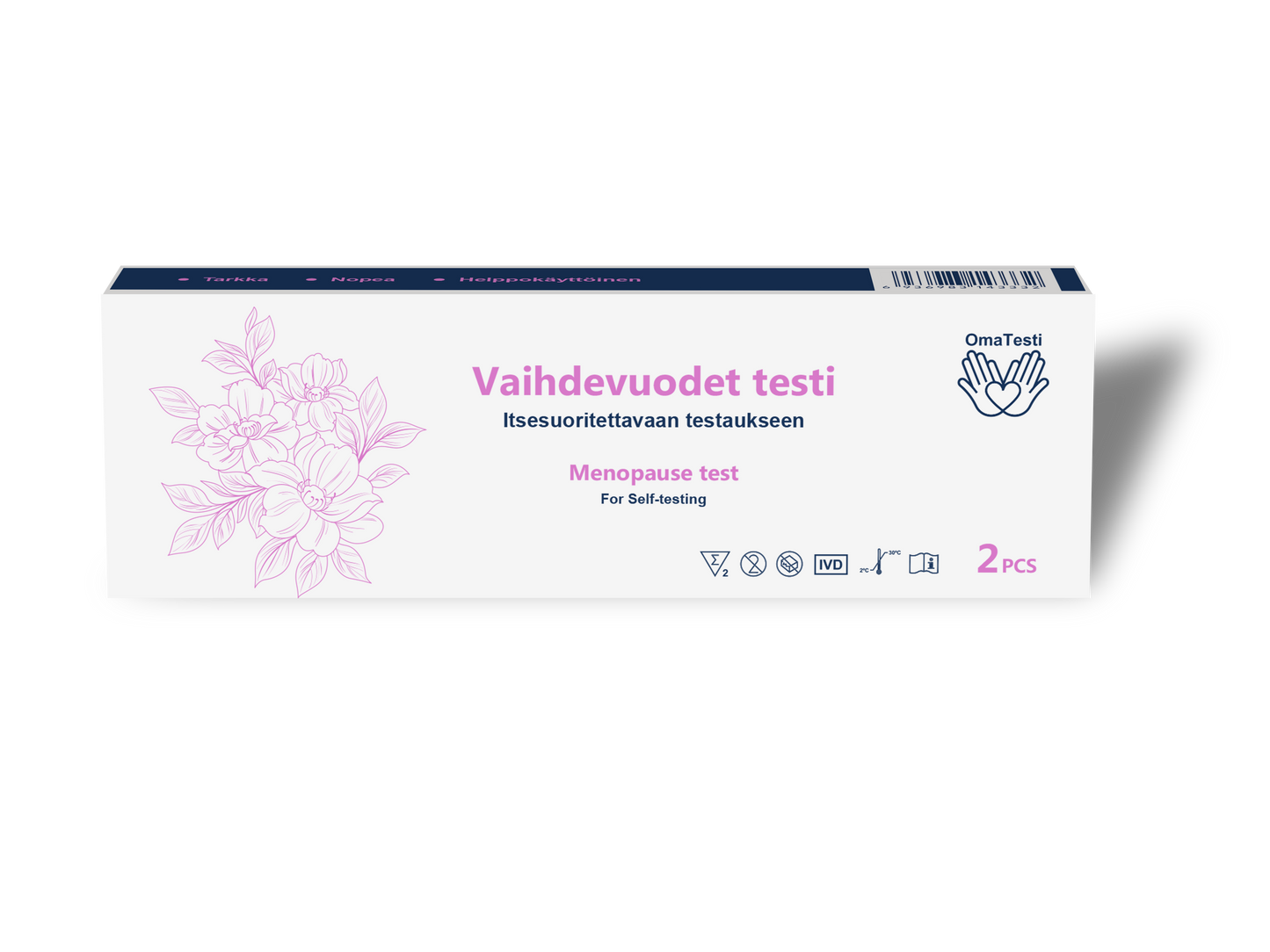 Valkoinen suorakulmainen pahvilaatikko mattapinnalla, merkitty Vaihdevuodet testi, jossa on violettia pääteviivatonta tekstiä, yksiviivainen violetti kukkakuvitus ja pieniä kuvakkeita pakkauksen sisällöstä. Näkyvässä etiketissä mainitaan 2 kotitestauspakkausta kotikäyttöön. Ihmisiä tai käsiä ei näy; kuva on otettu yksivärisellä taustalla.