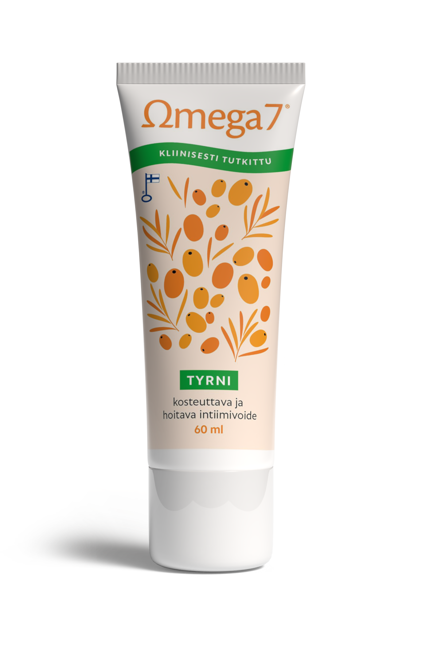 Omega7 Tyrni Intiimivoide; valkoinen tuubi tekstillä Omega7 intiimivoide, oranssia tyrnikuvitusta ja vihreitä aksenttialueita, pystyssä; tuubi muovia mattapinnalla, suomenkielinen teksti etuosassa; typografia pääosin groteskia; vaalea tausta ilman rekvisiittaa tai ihmisiä kuvassa.