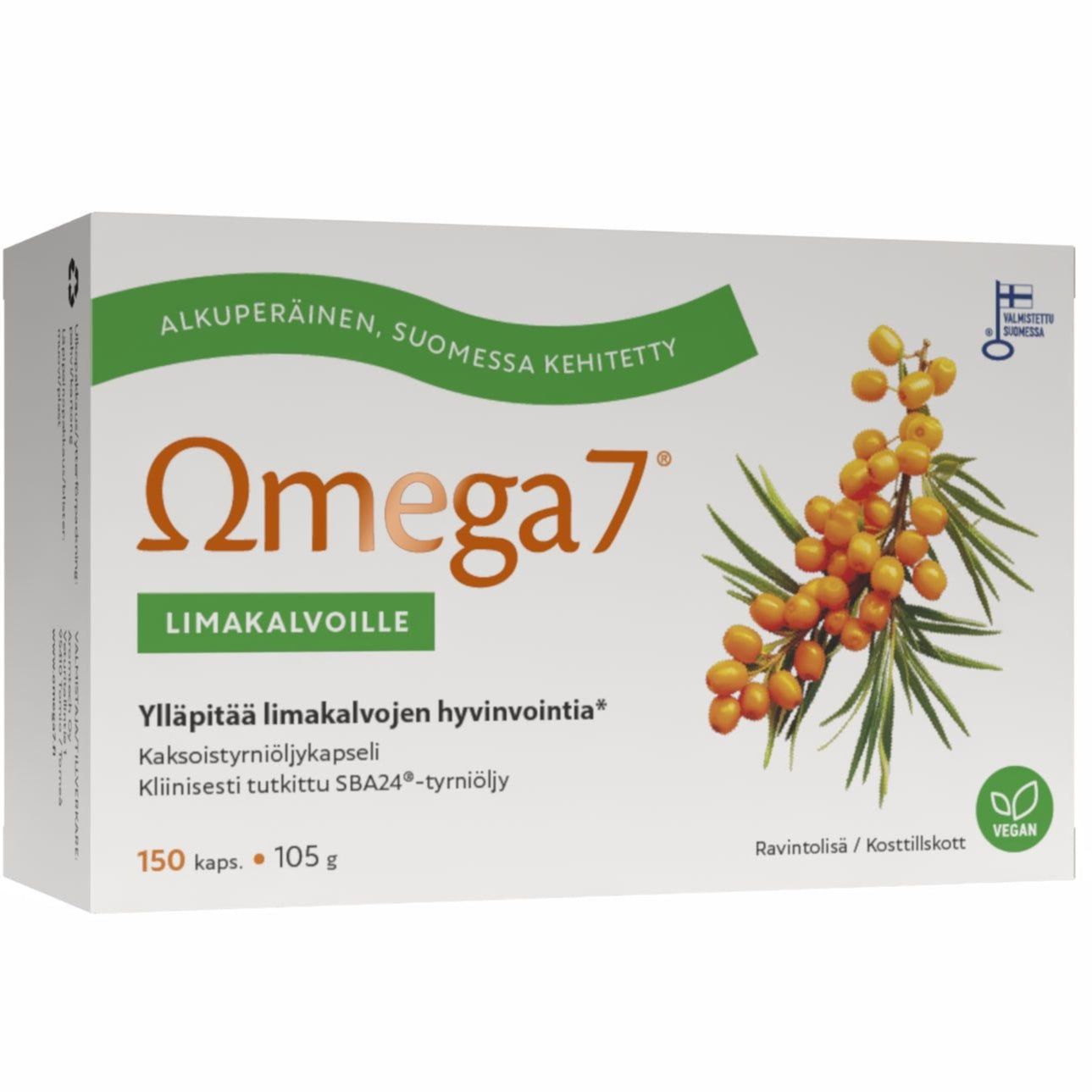 Omega7 Tyrniöljykapselit -pakkaus, 150 kapselia; valkoinen-oranssi mattapintainen suorakaiteen muotoinen rasia, tyrnimarjoja ja vihreitä lehtiä etiketissä, lihavoitu groteskiteksti suomeksi, mainitsee limakalvojen hyvinvoinnin