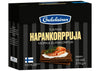 A black box of Oululainen dark rye crispbread with a photo of crispbread topped with salmon and dill. The box is rectangular, made of matte cardboard, and displays a Finnish flag in one corner. Text in both Finnish and Swedish is printed on the front in bold, sans-serif font styles. The product sits against a plain white background with no visible people or props.
