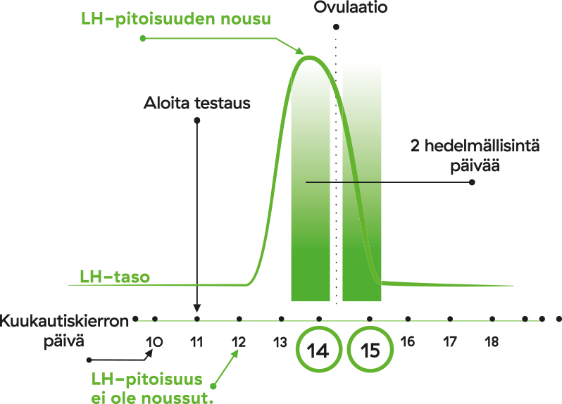 Line graph with labeled axes, showing a highlighted spike corresponding to LH hormone rise during the menstrual cycle. Two days (labeled 14 and 15) are visibly marked or shaded to indicate highest fertility. Finnish text reads: Graafi havainnollistaa LH-hormonin nousua kuukautiskierron aikana. Ovulaatio tapahtuu hormonipiikin jälkeen, ja korostettuna ovat kaksi hedelmällisintä päivää (päivät 14 ja 15), jolloin raskauden mahdollisuus on suurimmillaan. White background, no packaging or people present.
