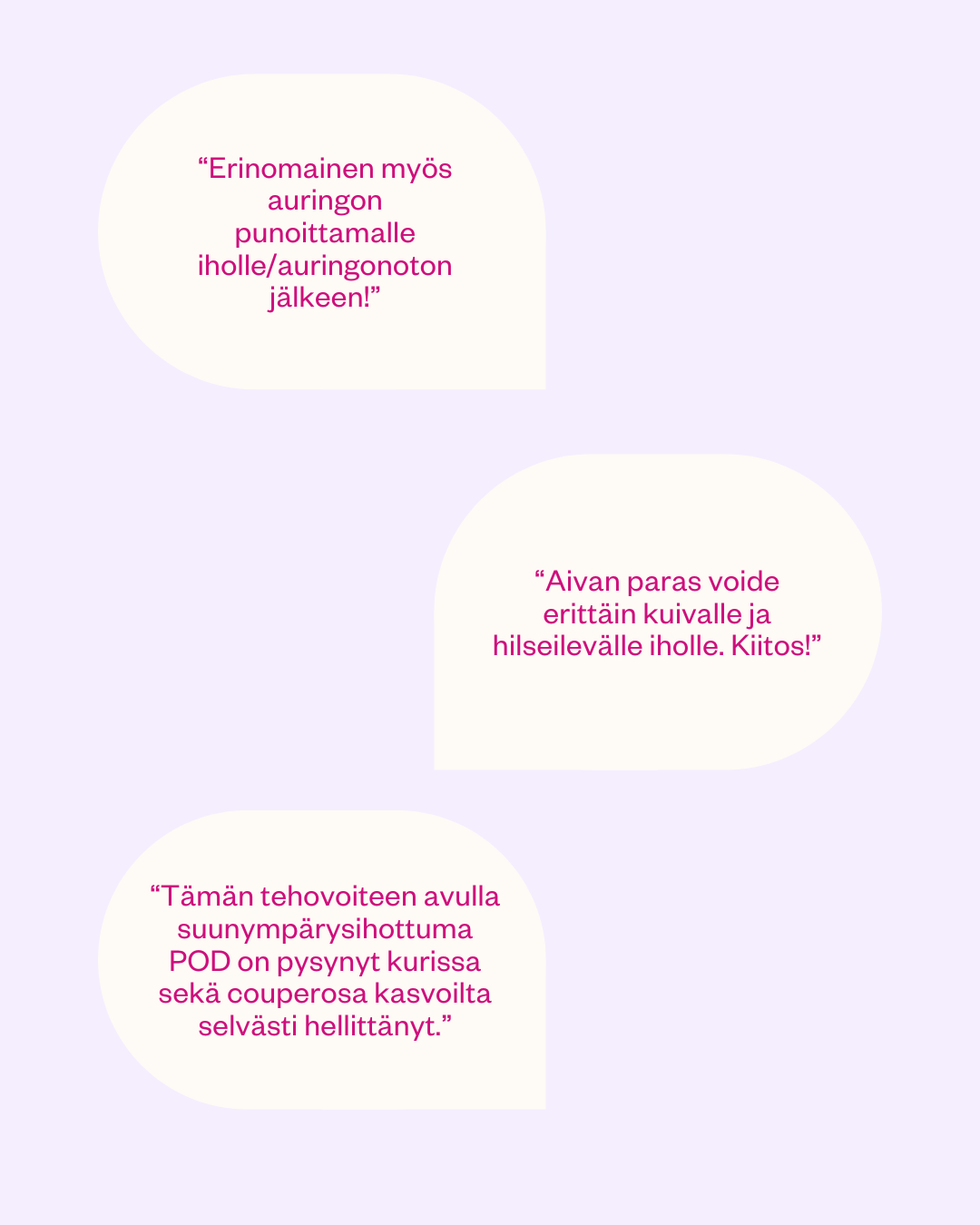FLOW Cosmetics Propolis & Probiotics Rescue Cream; kolme valkoista puhekuplaa vaaleanpunaisella suomenkielisellä tekstillä, kukin sisältää myönteisen käyttäjäkokemuksen ihonhoitotuotteesta; tausta vaaleanlaventeli ja matta; ei näkyviä tuotteita, pakkausta, ihmisiä tai käsiä kuvassa; kuvakulma ylhäältä tasokuvana; puhekuplien teksti vaaleanpunaisella groteskikirjasimella, asetelma minimaalinen ja graafinen.