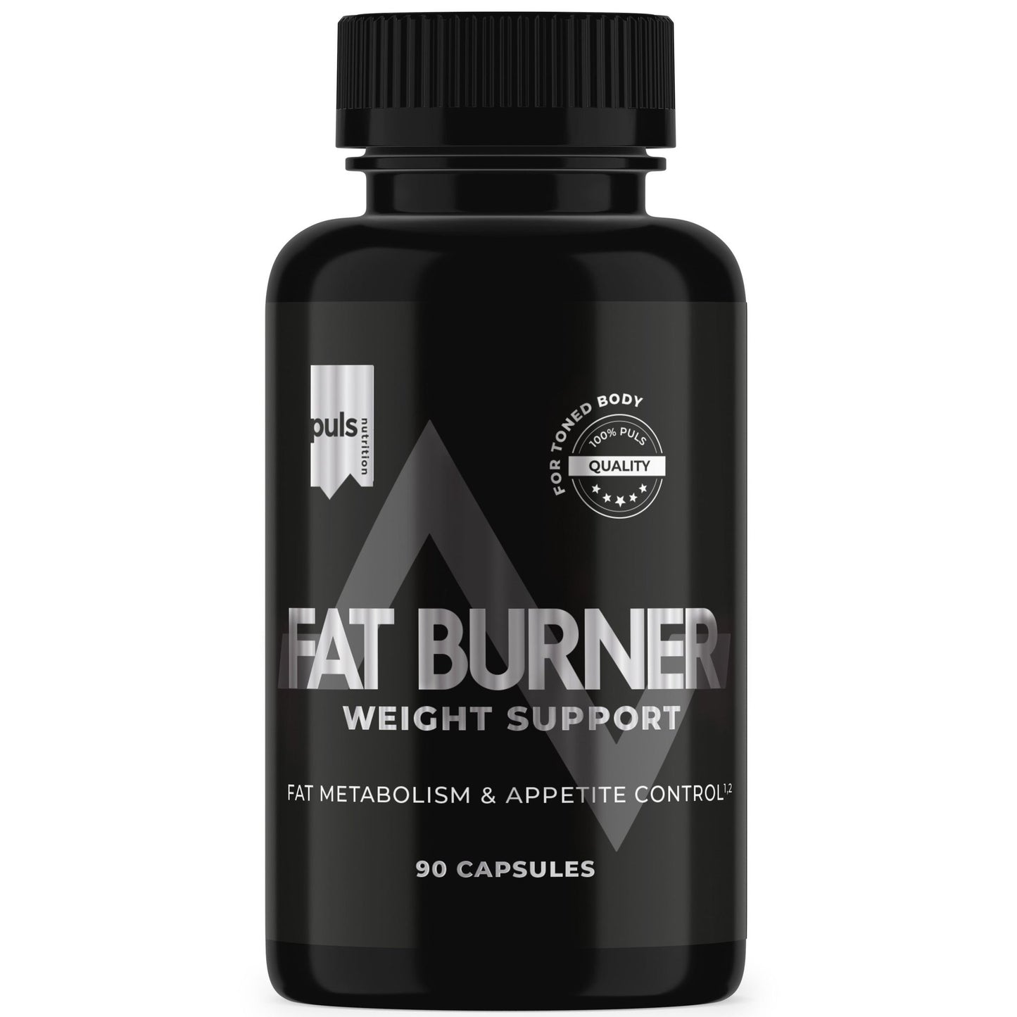 Puls Fat Burner; musta pullo tekstillä ”Fat Burner Weight Support”, etikettitekstissä mainittu tehostunut rasvanpoltto ja ruokahalun hallinta, sisältää 90 kapselia; astia lieriömäinen mattamustalla pinnalla, pelkistetty etiketti valkoisella groteskitekstillä ja näkyvä laatusinettikuvake; tuote kuvattu pystyasennossa tasaisella vaalealla taustalla, ei ihmisiä tai käsiä näkyvissä.