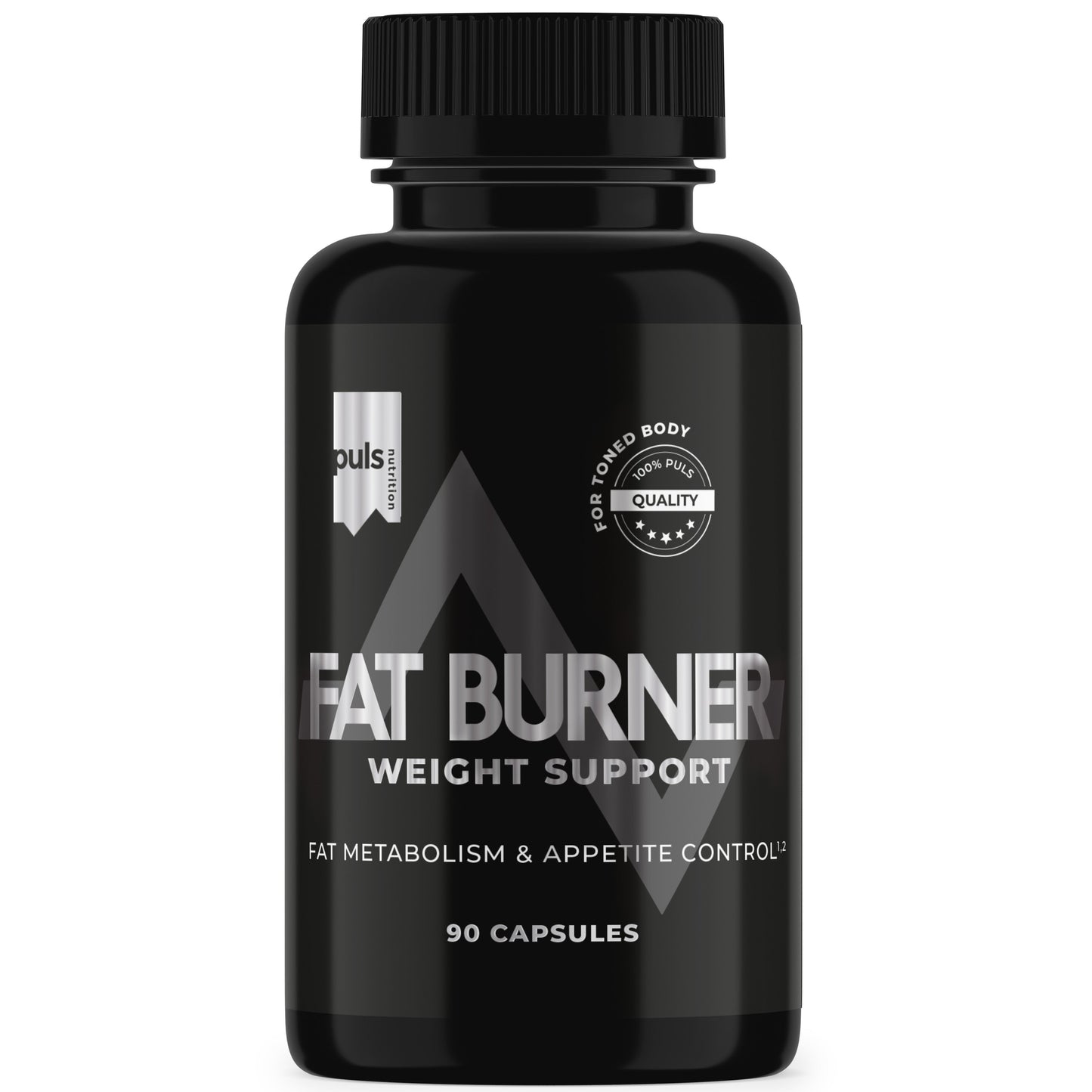 Puls Fat Burner; musta pullo tekstillä ”Fat Burner Weight Support”, etikettitekstissä mainittu tehostunut rasvanpoltto ja ruokahalun hallinta, sisältää 90 kapselia; astia lieriömäinen mattamustalla pinnalla, pelkistetty etiketti valkoisella groteskitekstillä ja näkyvä laatusinettikuvake; tuote kuvattu pystyasennossa tasaisella vaalealla taustalla, ei ihmisiä tai käsiä näkyvissä.