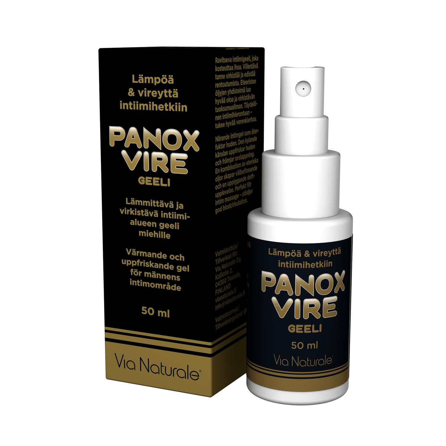 Panox Vire geeli; 50 ml pullo ja pakkaus Panox Vire Geeliä, Via Naturalen intiimigeeliä, musta-kultainen väriteema mattapinnoin; sekä pullo että pakkaus suorakaiteen muotoisia; pullossa musta pumppuannostelija; siisti groteskityypografia esittää brändinimen ja tuotetiedot useilla kielillä; valkoinen tausta, ei ihmisiä tai käsiä näkyvissä.