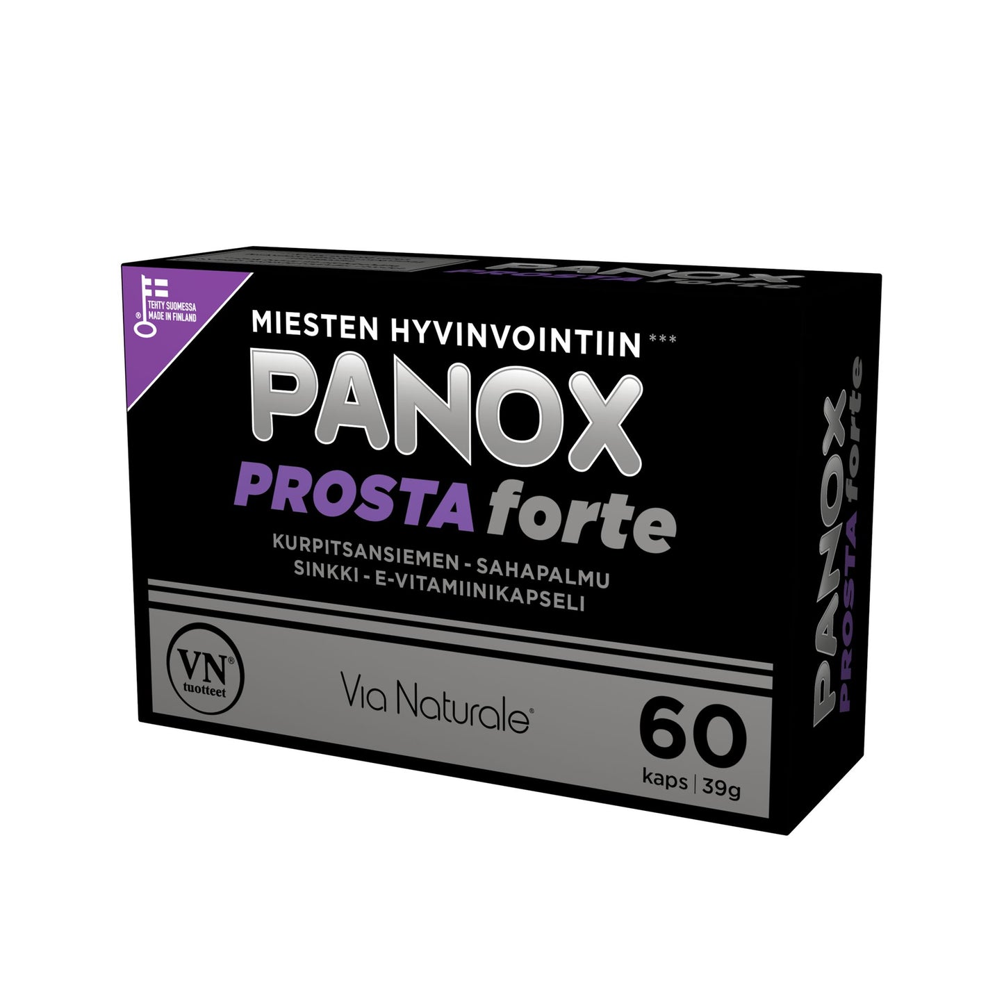 PANOX PROSTA forte -pakkaus, musta laatikko suomenkielisin tekstein, sisältää 60 kapselia Via Naturale -brändiltä; suorakulmainen pahvipakkaus mattapinnalla; valkoista ja kultaista tekstausvapaata tekstiä etupuolella; kuva otettu tasaisessa valaistuksessa valkoista taustaa vasten; ei ihmisiä tai käsiä näkyvissä.