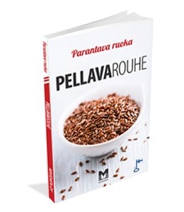 Parantava ruoka: Pellavarouhe; kirja nimeltä Parantava ruoka PELLAVAROUHE, kannessa kuva kulhosta täynnä ravitsevia pellavansiemeniä; kansi pääosin valkoinen ja beige, värivalokuva keskellä etuosaa; pystyssä oleva kirja mattapinnalla ja lohkomaista groteskityylistä otsikkotypografiaa; ei ihmisiä, käsiä tai muuta rekvisiittaa; tausta valkoinen.