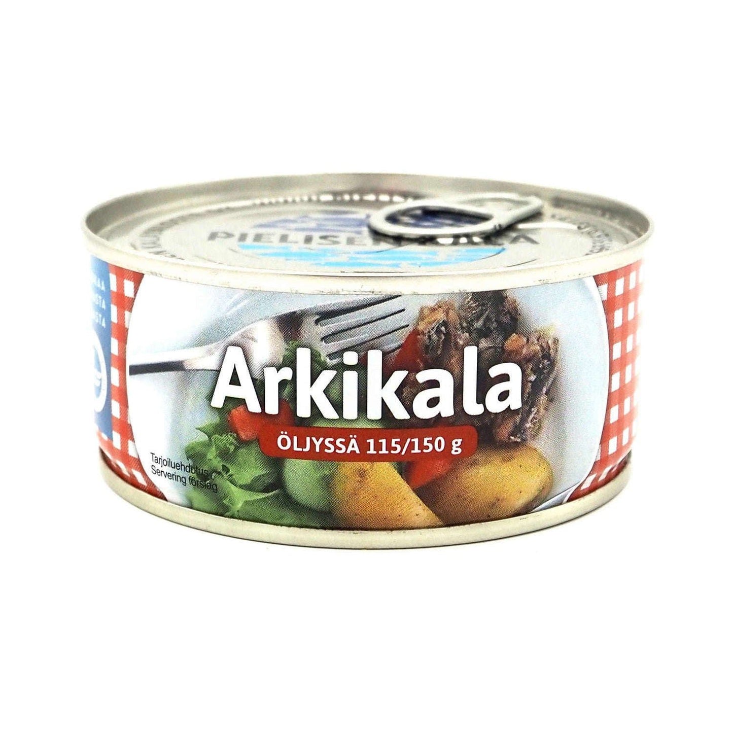 Pielisen Kala Arkikala öljyssä; tölkki Arkikala-kalaa öljyssä, 115/150 g, metallinen vetorengaskansi ja sylinterinmuoto; etiketti kiiltäväpintainen painetuin kuvin kalasta, perunoista, vihanneksista ja haarukasta lautasella; punavalkoinen ruutureunus kehystää etikettiä; luettavat tuotetiedot merkkinä ja painona; ei ihmisiä tai käsiä kuvassa, kuvattu pelkistetyllä taustalla.