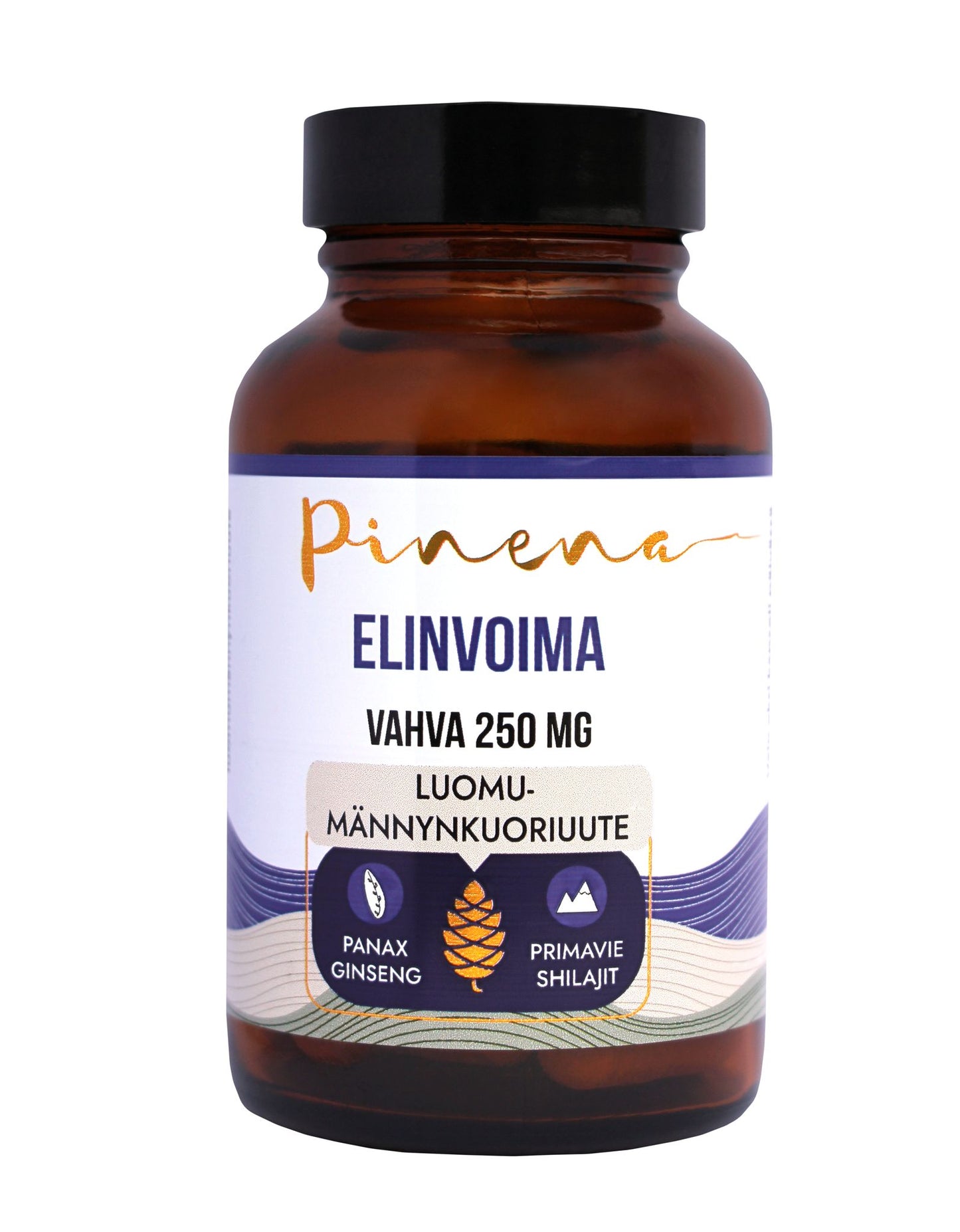 A brown plastic supplement bottle with a cylindrical shape and a black screw cap. The matte label displays “Pinena Elinvoima Vahva 250 mg” in bold white text, with illustrations of ginseng and pine shown in color, Finnish text beneath the product name, and a purple wavy element across the label. Plain background. No people or hands visible.