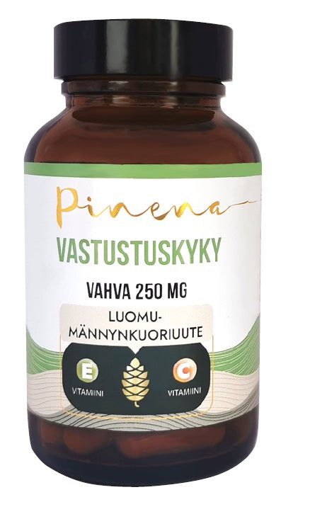 A brown bottle labeled Pinena Vastustuskyky Vahva 250 mg Luomu-männynkuoriuute with images of a pine cone, vitamin E, and vitamin C icons on the front, highlighting natural pine bark extract. Bottle is cylindrical with a matte white label using green and black text in simple fonts. Glossy plastic cap. Product is centered against a plain white background. No people or hands visible. Straight-on product shot.