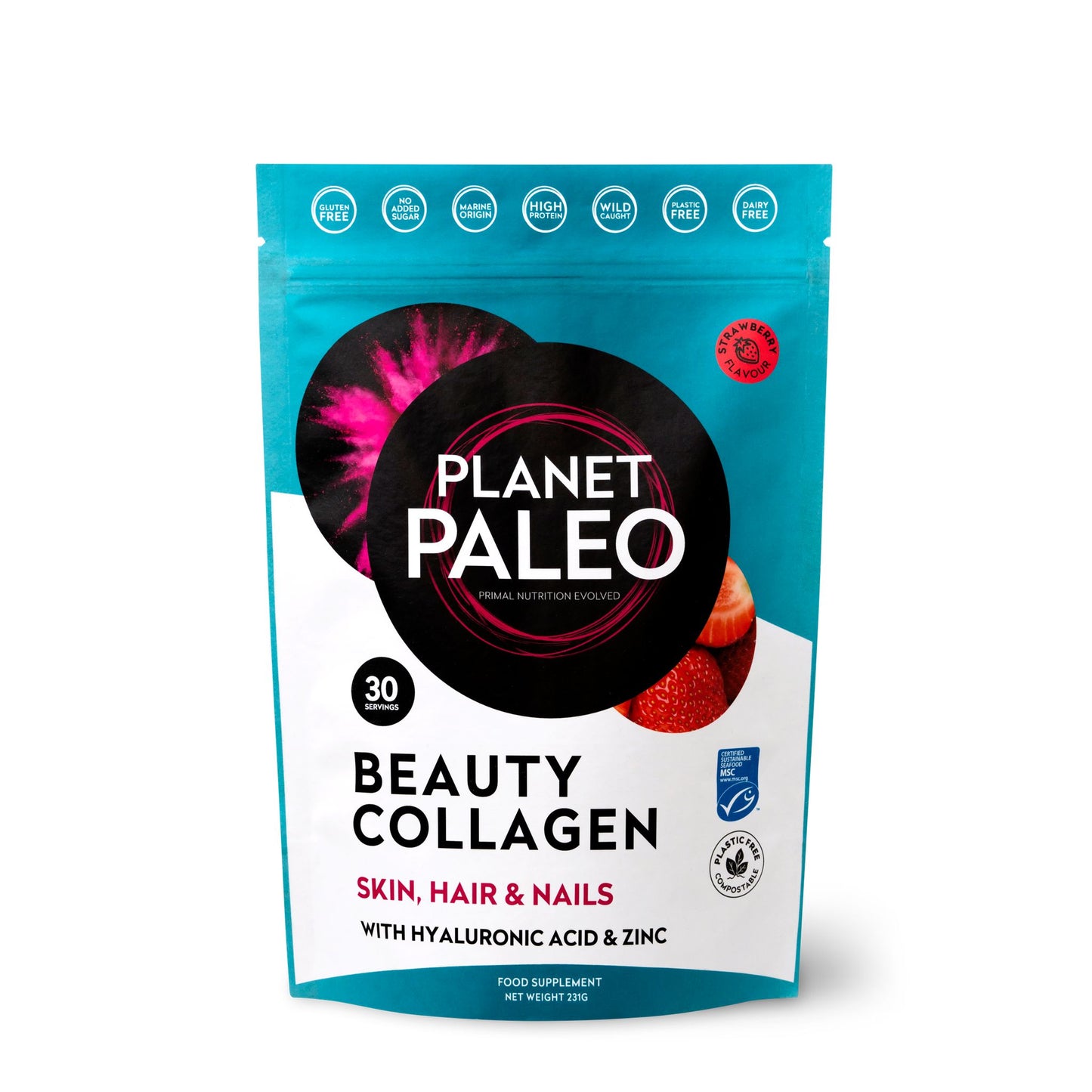A pouch of Planet Paleo Beauty Collagen supplement with hyaluronic acid, zinc, and hydrolysed collagen, featuring vibrant images of berries on the front and text highlighting benefits for skin, hair, and nails. The pouch is mostly white and purple with a matte finish. Product name appears in bold uppercase font; ingredient names are in smaller sans-serif type. Background is plain white with no additional objects visible. Shot is straight-on with the entire pouch centered in frame. No people or hands