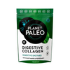 Planet Paleo Digestive Collagen; vihreä ja musta joustava pystypussi, merkitty Planet Paleo Digestive Collagen, seisoo pystyssä; pinta vaikuttaa mattapintaiselta; etiketissä ruoansulatusentsyymit, glutamiini, piparminttu, lisäksi kuvakkeita ja tekstiä ilman gluteenia, soijaa ja maitotuotteita sekä hydrolysoituja kollageenipeptidejä; typografia lihavaa groteskia valkoisena ja vaaleanvihreänä; tausta valkoinen, ei ihmisiä tai esineitä näkyvissä.