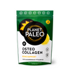 Planet Paleo Osteo Collagen; vihreä ja musta pussi, merkitty Planet Paleo Osteo Collagen Bone Support, sitruuna- ja kurkumakuvituksin; mattapintainen muovipussi on suorakulmainen uudelleensuljettavalla yläosalla; etikettiteksti on valkoista ja keltaista lihavaa groteskia, osa elementeistä kaarevana merkin ympärillä; pääasialliset ainesosat magnesium, K2-vitamiini ja kollageeni luetellaan etupuolella; tausta valkoinen, ei ihmisiä tai käsiä näkyvissä.