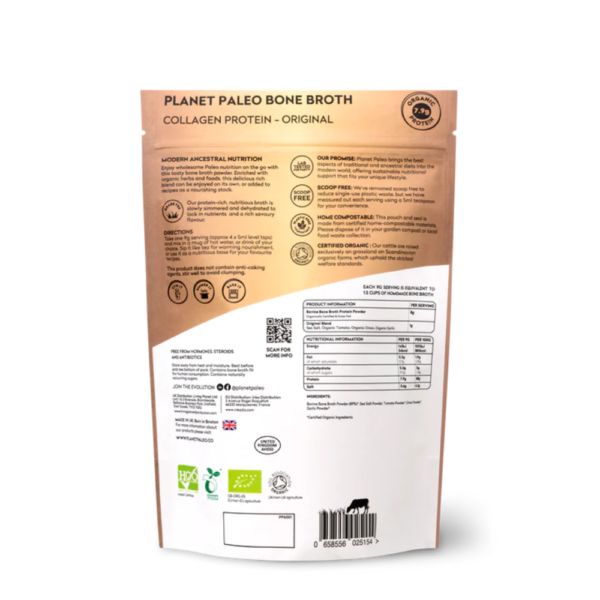 Planet Paleo Luomu Luuliemi; Planet Paleo Bone Broth Collagen Protein -pussin takaosa, jossa ravintosisältöä, käyttöohjeita, tuotetietoja, sertifiointeja ja viivakoodeja beigen ja valkoisen liukuvärillä; pussi korostaa kollageeniproteiinipitoisuutta; muovipussi mattapinnalla, suorakulmainen ja tasapohjainen; suuraakkosin groteskifontti otsikoissa; ei ihmisiä kuvassa.