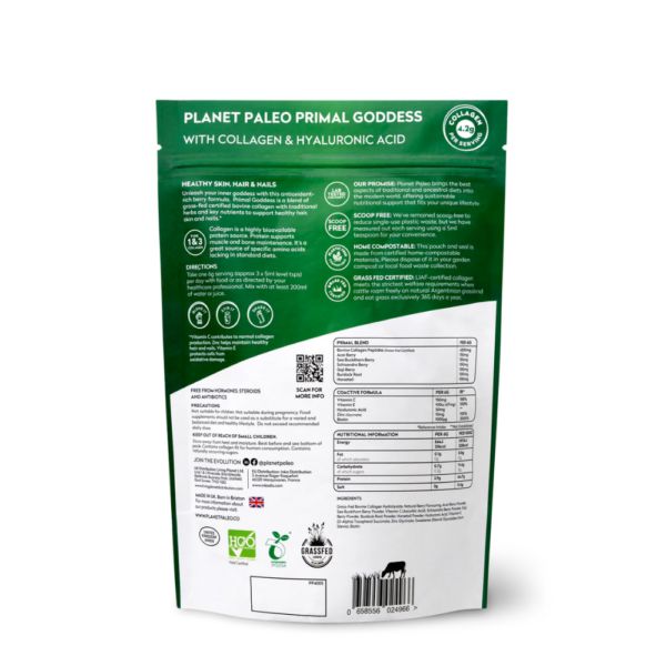 Planet Paleo Primal Goddess -pussin takaosa; vihreä-valkoinen väritys, tuotetietoja, ravintosisältöä, käyttöohjeita, ainesosia kuten kollageenipeptidejä, sertifiointilogoja ja QR-koodi; mattapintainen joustopussi uudelleensuljettavalla yläreunalla, suorakulmainen; groteskifontit lihavoituna ja tavallisena, kontrastiset vihreä-valkoiset lohkot; kaikki teksti luettavissa; vaalea tausta, ei ihmisiä tai esineitä.