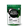 Planet Paleo Pure Collagen; vihreä-valkoinen Planet Paleo Pure Collagen -pussi, laiduntavista eläimistä saatu tyypin 1 ja 3 kollageeniravintolisä; pakkaus mattapintainen uudelleensuljettavalla yläreunalla, useita merkkejä ja suuri pyöreä logo keskellä; luettavissa tuotenimi, kuvaus, maininta laiduntavasta alkuperästä sekä nettopaino 225 g; ei ihmisiä tai toimintaa; kuva suoraan edestä vaalealla taustalla.