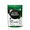 Planet Paleo Pure Collagen; vihreä-valkoinen Planet Paleo Pure Collagen -pussi, laiduntavista eläimistä saatu tyypin 1 ja 3 kollageeniravintolisä; pakkaus mattapintainen uudelleensuljettavalla yläreunalla, useita merkkejä ja suuri pyöreä logo keskellä; luettavissa tuotenimi, kuvaus, maininta laiduntavasta alkuperästä sekä nettopaino 225 g; ei ihmisiä tai toimintaa; kuva suoraan edestä vaalealla taustalla.