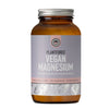 Plantforce Magnesium Passionhedelmä; ruskea lasipurkki leveällä kaulalla ja kierrekannella, tuoksuna passionhedelmä; etiketti mattapintainen violetin ja valkoisen sävyinen lihavoidulla groteskikirjasimella; sisältää 150 g vegaanista jauhetta, 60 annosta; neutraali tausta, tuote keskellä, ei ihmisiä tai käsiä, studiokuva.