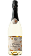 A bottle of Aurora Juhlakuohu sparkling drink with a decorative cloudberry-themed label and a black foil-wrapped neck, set against a plain white background. The bottle is glass and has a glossy surface. The label is rectangular with graphic illustrations of cloudberries and leaves in orange and green. Typography on the label is bold sans-serif. No people or hands are visible; the product stands upright in the frame.