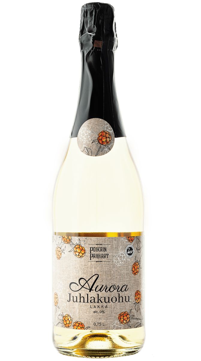 A bottle of Aurora Juhlakuohu sparkling drink with a decorative cloudberry-themed label and a black foil-wrapped neck, set against a plain white background. The bottle is glass and has a glossy surface. The label is rectangular with graphic illustrations of cloudberries and leaves in orange and green. Typography on the label is bold sans-serif. No people or hands are visible; the product stands upright in the frame.