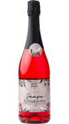 A bottle of Saaga Juhlakuohu, a sparkling red drink with cranberry and rosemary, featuring a decorative label adorned with vibrant berries and fragrant herbs. Glass bottle is dark red with a glossy finish, cylindrical shape, and metallic foil at the neck. Label uses clear serif font for the brand name. No people visible. Plain background and centered full product shot.