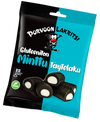 Porvoon Lakritsi Gluteeniton Minttulaku, turkoosi-musta karkkipussi tekstillä "Porvoon Lakritsi Gluteeniton Minttu Täytelaku" ja sarjakuvamainen lakritsikuvitus; pakkaus kiiltäväpintainen lihavoiduin valkoisin ja mustin lohkokirjaimin; alaosassa selkeästi neljä lakritsipalaa valkoisella täytteellä; tausta valkoinen, tuote keskitetty, ei ihmisiä eikä käsiä näkyvissä, kuva suoraan edestä.