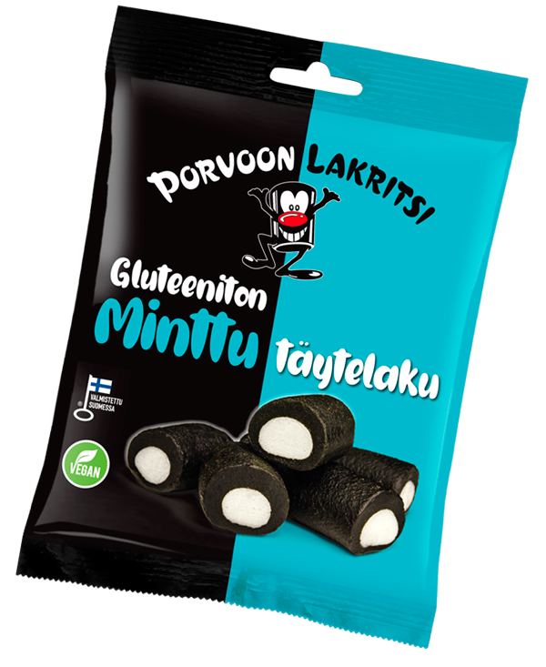 Porvoon Lakritsi Gluteeniton Minttulaku, turkoosi-musta karkkipussi tekstillä "Porvoon Lakritsi Gluteeniton Minttu Täytelaku" ja sarjakuvamainen lakritsikuvitus; pakkaus kiiltäväpintainen lihavoiduin valkoisin ja mustin lohkokirjaimin; alaosassa selkeästi neljä lakritsipalaa valkoisella täytteellä; tausta valkoinen, tuote keskitetty, ei ihmisiä eikä käsiä näkyvissä, kuva suoraan edestä.