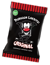 Porvoon Lakritsi Original, musta lakritsipussi sarjakuvamaisella lakritsihahmolla etusivulla, punaisia korostuksia tuotenimen ympärillä sekä vihreä vegaanimerkintä vasemmassa yläkulmassa; pakkaus kiiltävää muovia lihavoiduin valkoisin ja punaisin kirjaimin; ei ihmisiä eikä käsiä näkyvissä, tausta yksinkertainen, kuva yksittäisenä tuotelähikuvana.