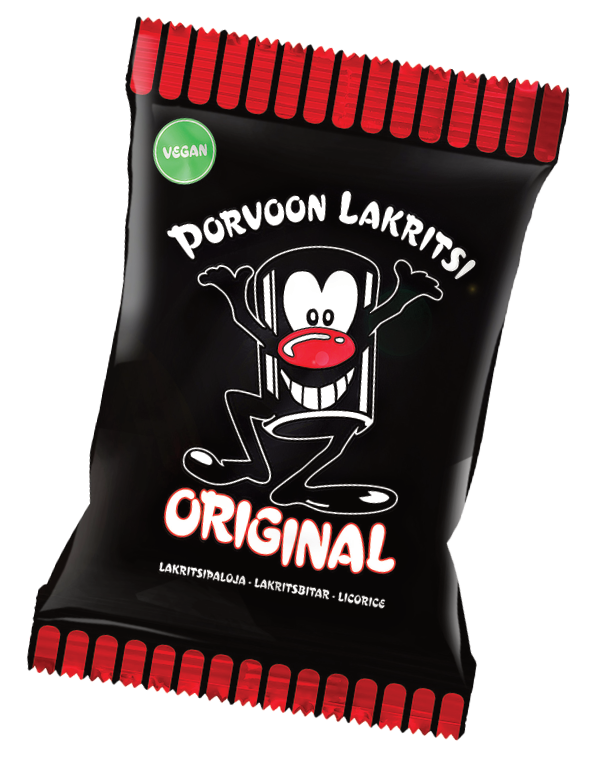 Porvoon Lakritsi Original, musta lakritsipussi sarjakuvamaisella lakritsihahmolla etusivulla, punaisia korostuksia tuotenimen ympärillä sekä vihreä vegaanimerkintä vasemmassa yläkulmassa; pakkaus kiiltävää muovia lihavoiduin valkoisin ja punaisin kirjaimin; ei ihmisiä eikä käsiä näkyvissä, tausta yksinkertainen, kuva yksittäisenä tuotelähikuvana.
