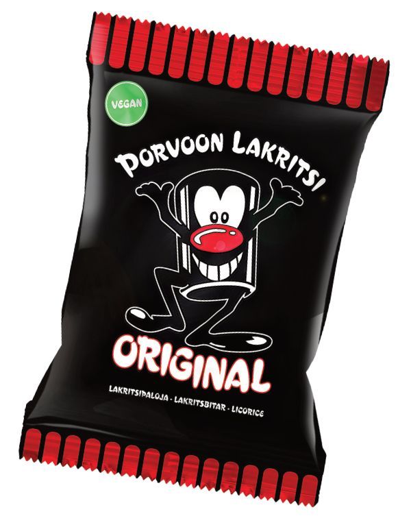Porvoon Lakritsi Original, musta lakritsipussi sarjakuvamaisella lakritsihahmolla etusivulla, punaisia korostuksia tuotenimen ympärillä sekä vihreä vegaanimerkintä vasemmassa yläkulmassa; pakkaus kiiltävää muovia lihavoiduin valkoisin ja punaisin kirjaimin; ei ihmisiä eikä käsiä näkyvissä, tausta yksinkertainen, kuva yksittäisenä tuotelähikuvana.