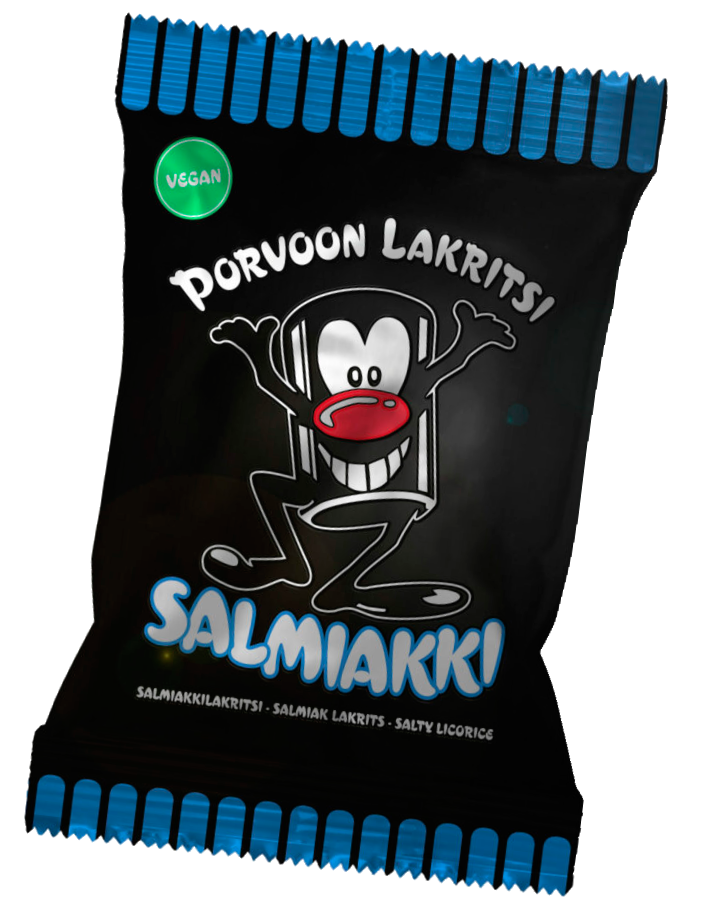 Porvoon Lakritsi Salmiakki, musta karkkipussi tekstillä "Porvoon Lakritsi Salmiakki", etusivulla leveäsuinen sarjakuvahahmo heiluttamassa käsiä ja punainen nenä; pakkaus kiiltäväpintainen ja suorakaiteen muotoinen lihavoiduin valkoisin kirjaimin, pienempiä punaisia yksityiskohtia; etusivulla tieto vegaanisuudesta ja perinteisestä suolaisesta lakritsista; kuvassa vain pakkaus yksinkertaista taustaa vasten.