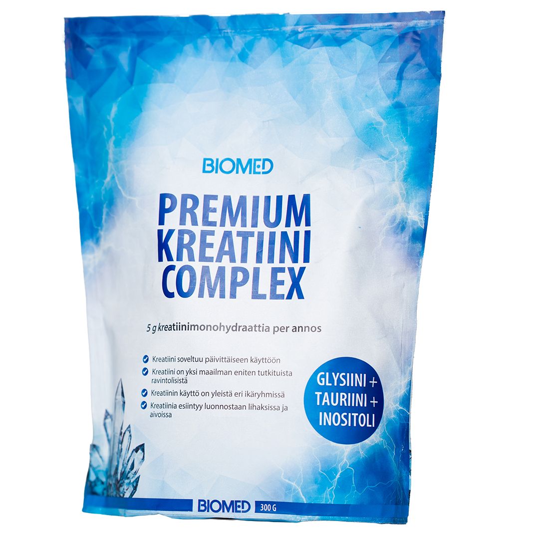 Biomed Premium Kreatiini Complex -kreatiinijauhe 300 g pussissa, sisältää glysiiniä, tauriinia ja inositolia