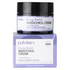 Puhdas+ Bakuchiol Beauty Booster Cream; purkki ja vastaava neliönmuotoinen rasia Puhdas+ Beauty Booster Bakuchiol Cream -tuotetta; molemmat astiat pääosin valkoisia mattavioletein korostuksin; tuotenimi ja ainesosat painettu lihavoidulla groteskityypillä; etiketissä "Bakuchiol" ja "moth bean extract" sekä 50 ml, "anti-wrinkle", "made in Finland"; neutraali tausta, ei ihmisiä näkyvissä.
