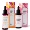 Puhdas Lahjapakkaus Niacinamide Serum & Vitamin C Serum; kaksi tippapullollista ja vastaavat pakkaukset merkittynä puhdas+; tuotteet Brightening Vitamin C Serum ja Rejuvenating Niacinamide Serum 5 %; molemmissa eloisia vaaleanpunaisia, keltaisia ja persikansävyisiä abstrakteja muotoja; pullot lieriömäisiä valkoisin kansin ja tippoin; etiketeissä modernia mustaa groteskifonttia; valkoinen tausta, kuvattu edestä ilman ihmisiä tai käsiä.