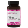 puhdas+ VAHVA 5-HTP 100 mg -pullo, ruskea pullo vaaleanpunaisin korostuksin; pullo sylinterimäinen mattapinnalla ja valkoisella korkilla; etiketissä lukee "100% vegan", "plant extract", "made in Finland" ja "60 capsules"; typografia tekstausvapaata fonttia etiketissä; tuote kuvattu valkoista taustaa vasten, ei ihmisiä tai muita esineitä näkyvissä.